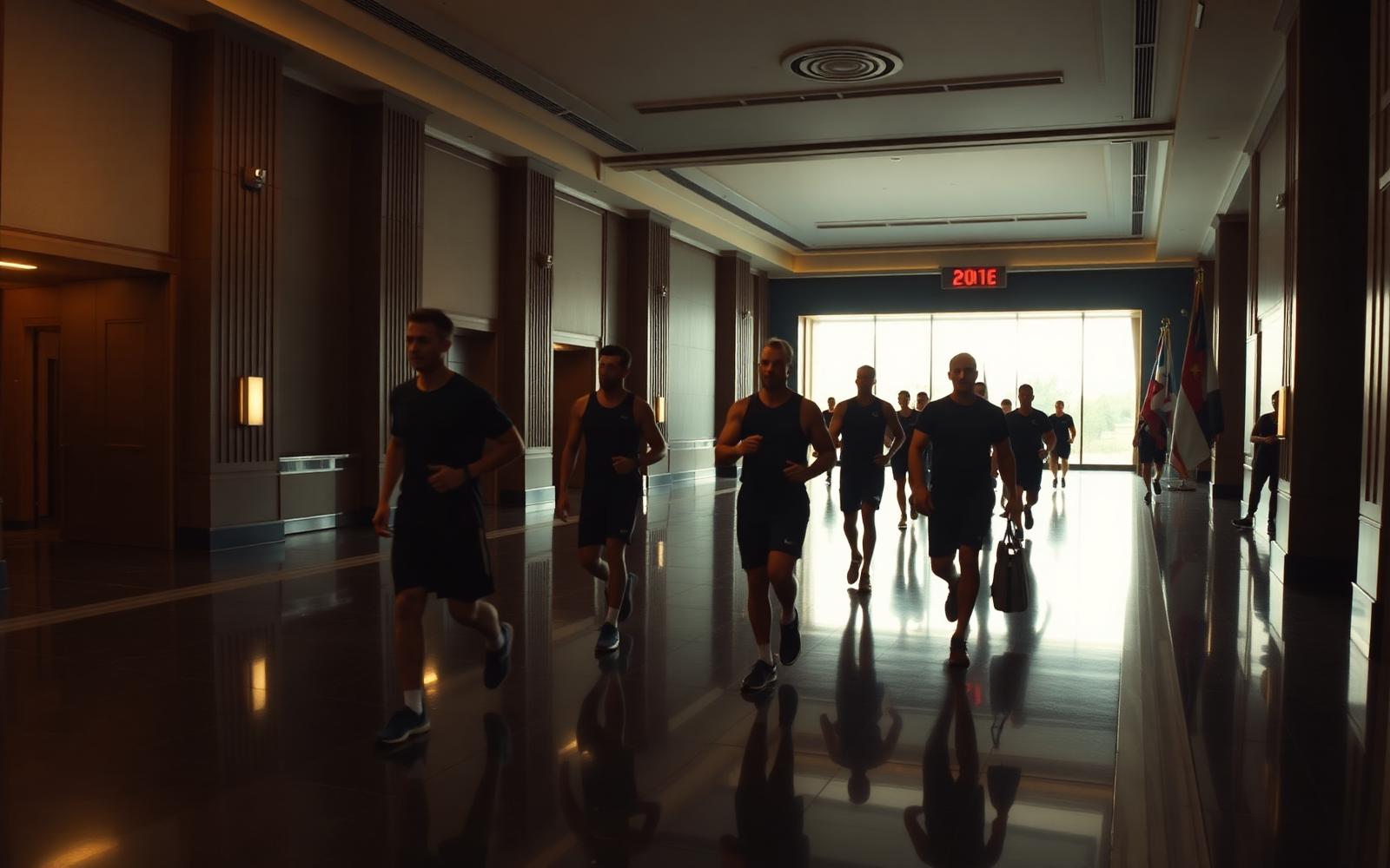 Athletes moving through an institutional hall